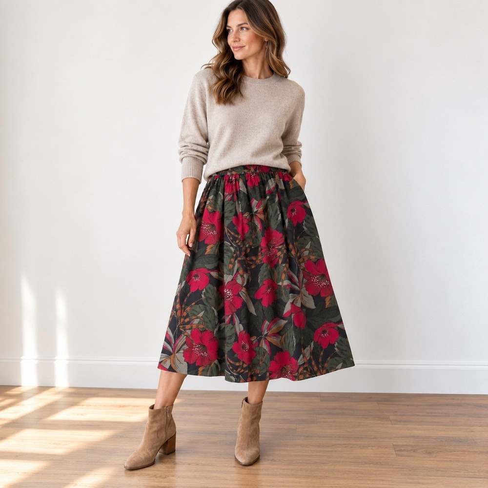 Vintage Floral Midi Skirt Size L Pleated Cottagecore Made USA